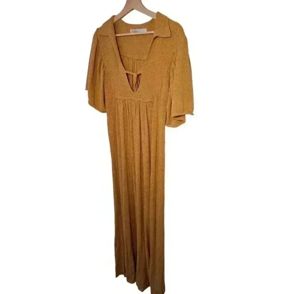 Free People Boho Mustard Knit Maxi Dress Beach Resort Cottagecore M - Picture 4 of 8
